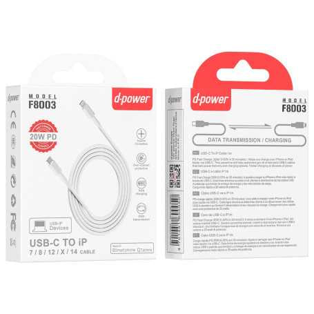 Câble USB-C / Lightning - D-power F8003 - 1M Blanc