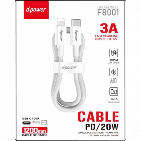 Câble Nylon Tressé USB-C vers Lightning - D-power F8001 - 1.2M Blanc
