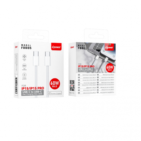 Câble Type-C vers Type-C Nylon - D-power 60W MAX F8005 - 1M Blanc