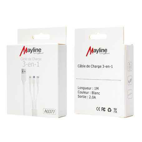Câble 3 en 1 - USB vers Lightning/Type-C/Micro 20W - 1M (Mayline)