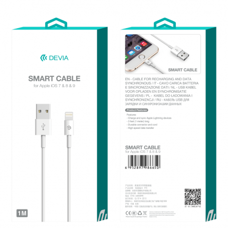 Câble USB / Lightning - Devia Smart Series - 5V 2.1A 1M - Blanc